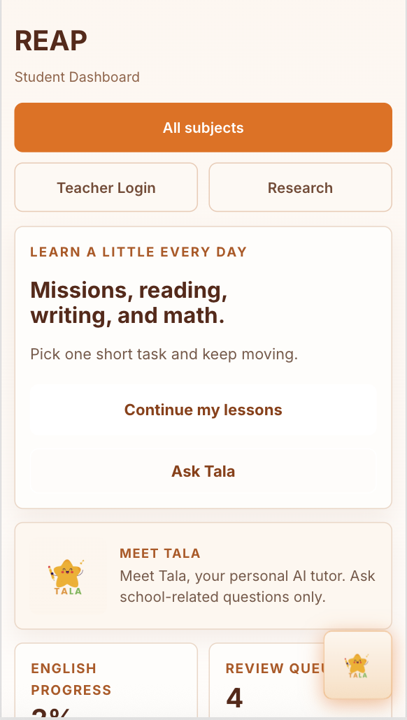REAP app home screen